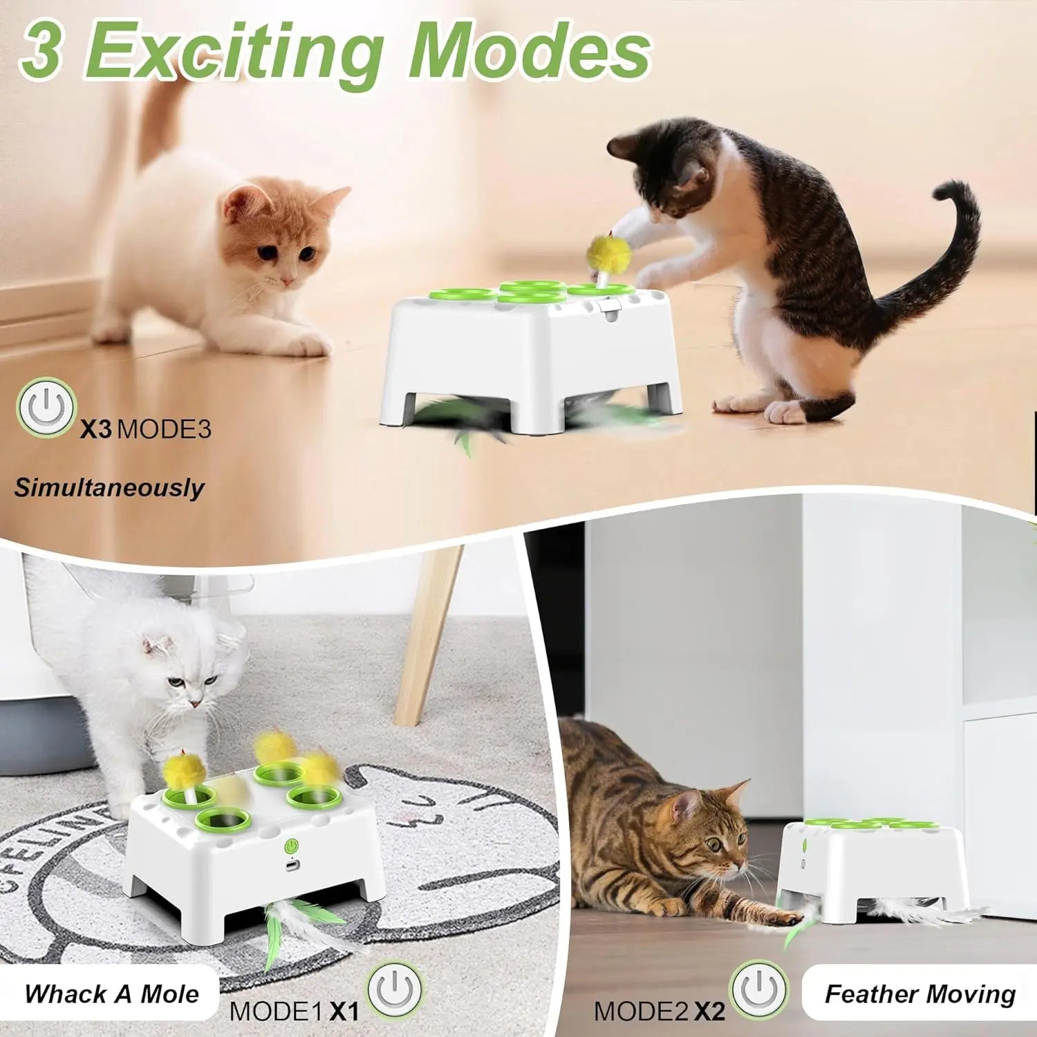 Interactive Whack-a-Mole Cat Toy With Rotating Feather