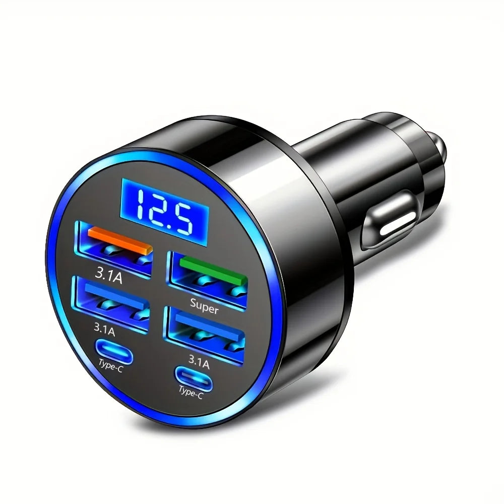 6-Port Fast Charging Car USB Adapter with Display