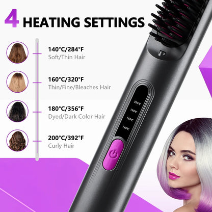 Cordless Hair Straightening Brush – Ceramic, 3 Heat Modes