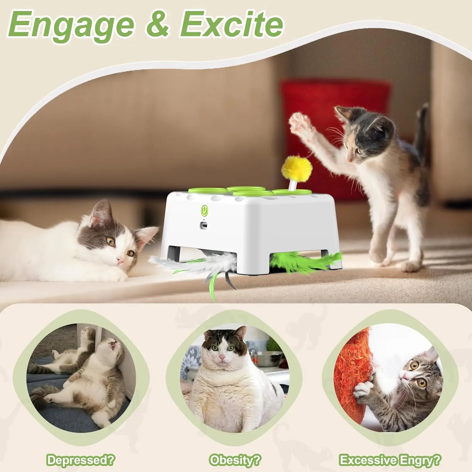 Interactive Whack-a-Mole Cat Toy With Rotating Feather