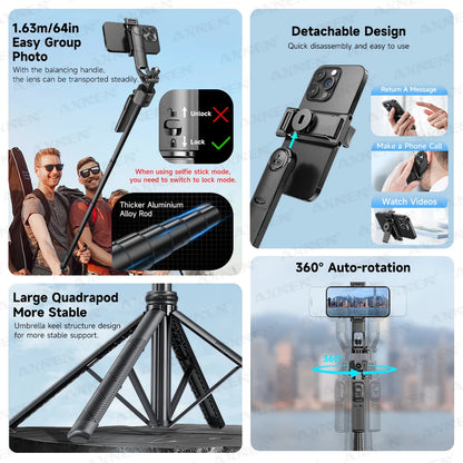 AI Tracking Selfie Stick Tripod – 360° Rotation, 64in