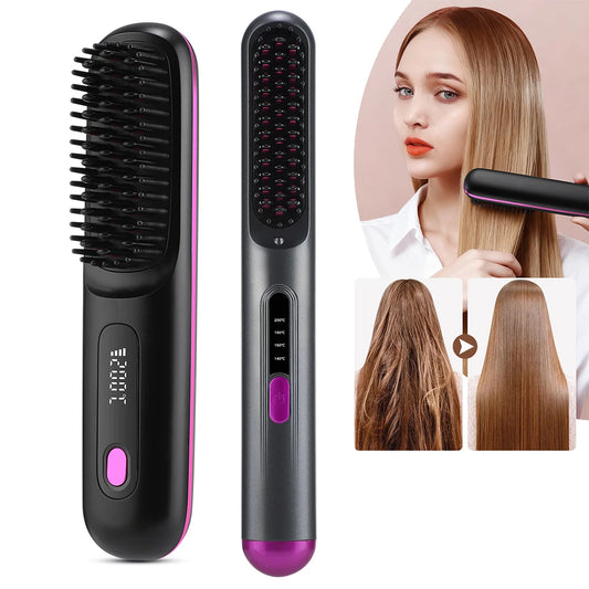 Cordless Hair Straightening Brush – Ceramic, 3 Heat Modes