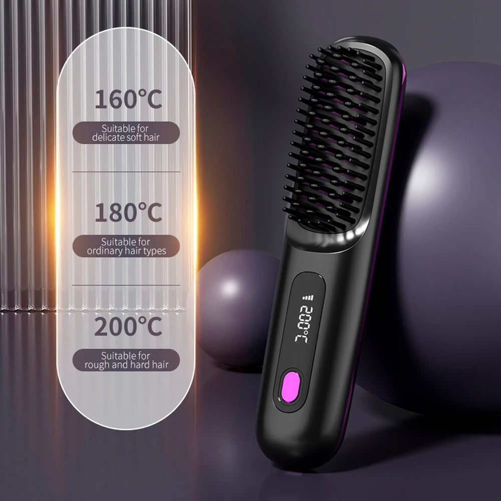 Cordless Hair Straightening Brush – Ceramic, 3 Heat Modes