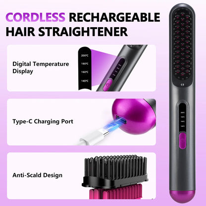 Cordless Hair Straightening Brush – Ceramic, 3 Heat Modes