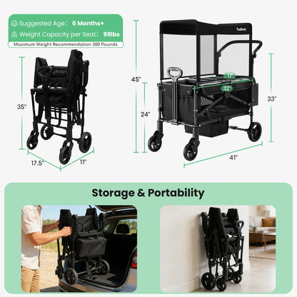 2-Seat Wagon Stroller for Kids with Canopy, 220 lb Load