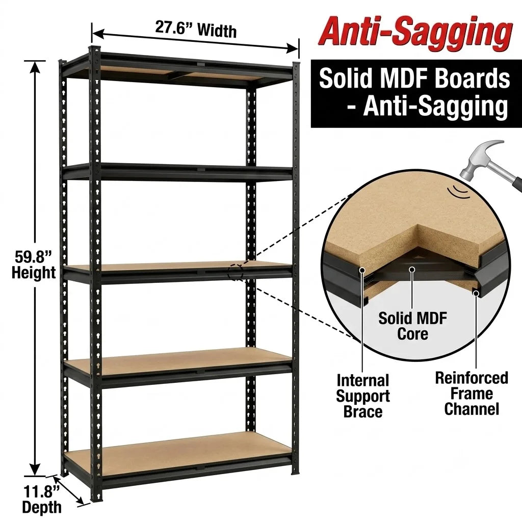 5-Tier Garage Shelving Rack with Slim Depth Metal Frame