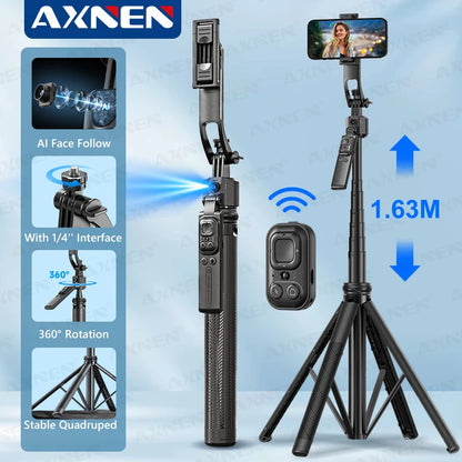 AI Tracking Selfie Stick Tripod – 360° Rotation, 64in
