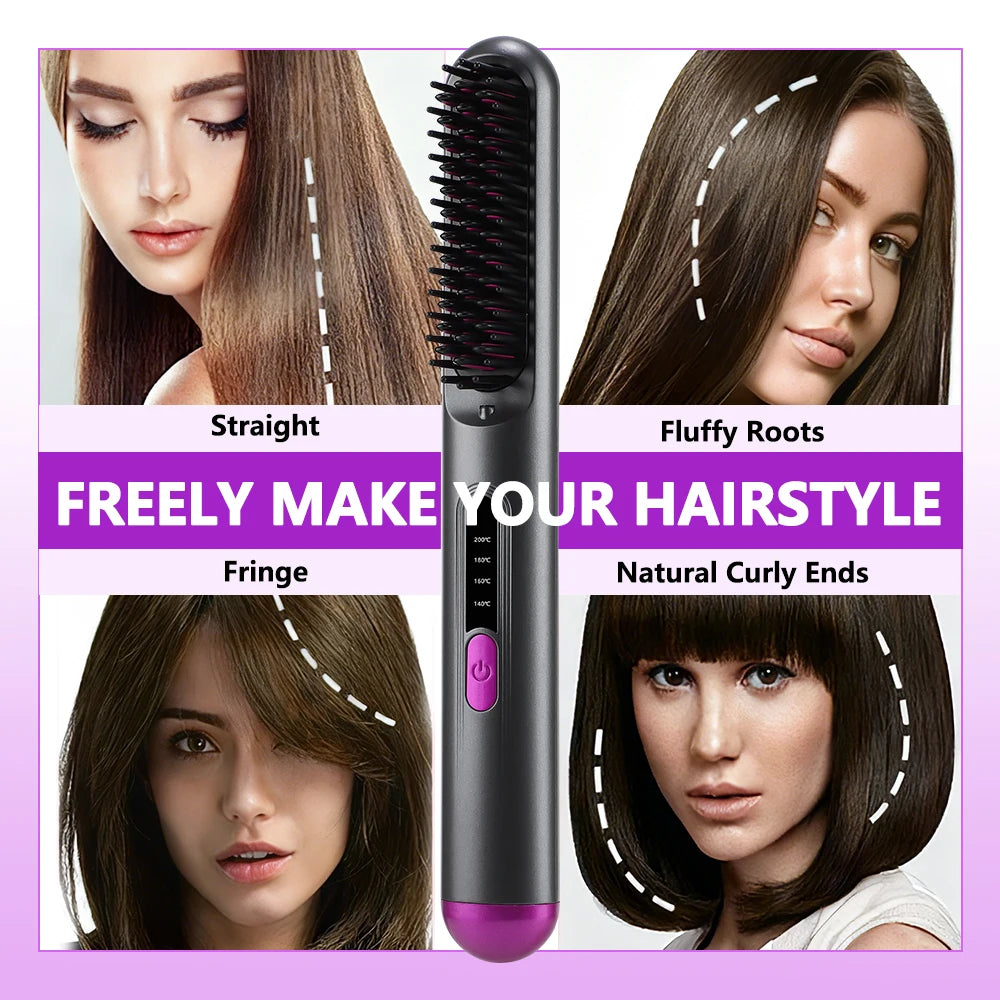 Cordless Hair Straightening Brush – Ceramic, 3 Heat Modes