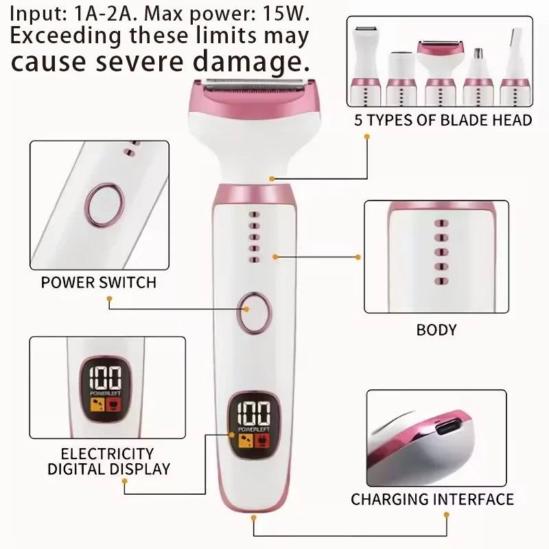 5-in-1 Rechargeable Lady Shaver With LED Display
