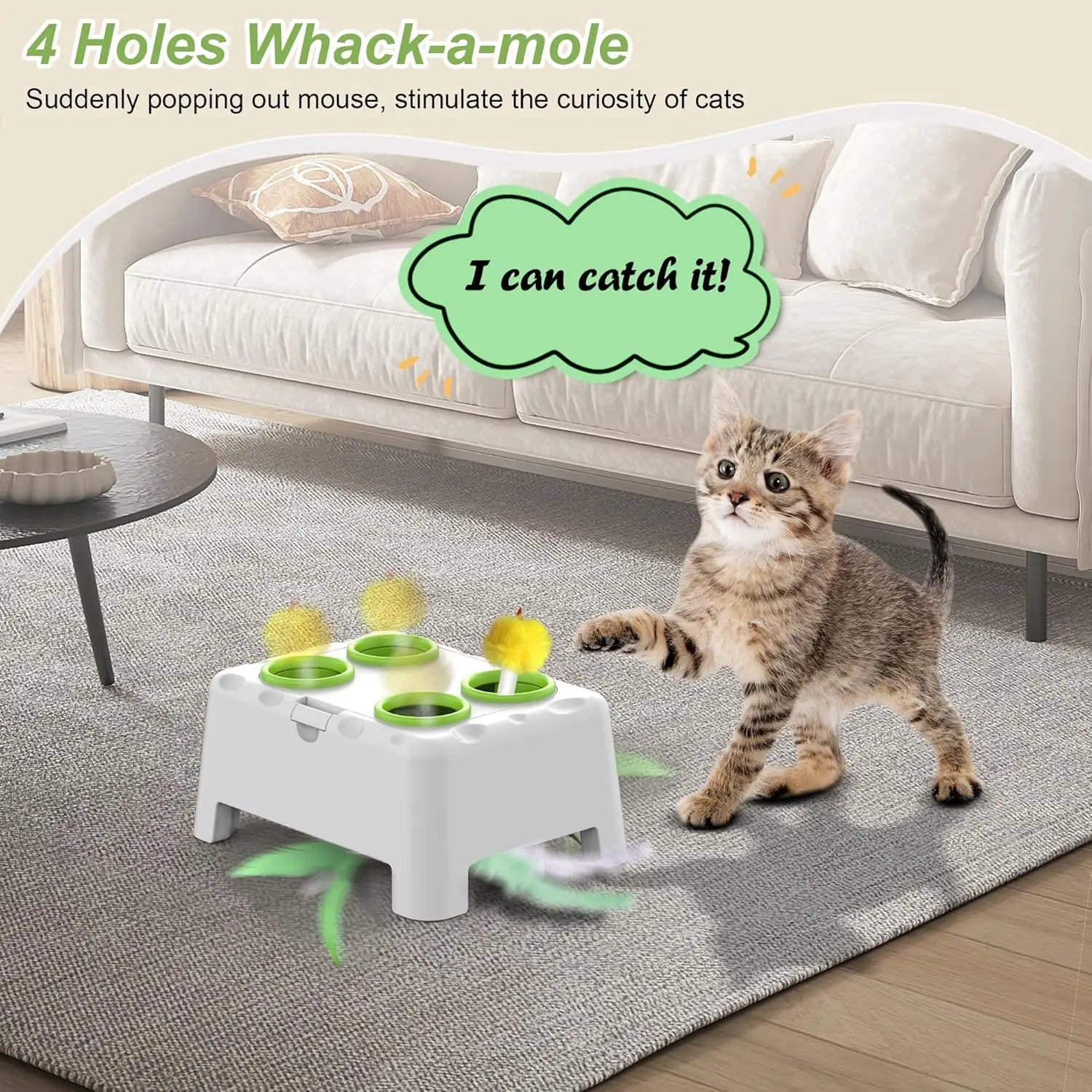 Interactive Whack-a-Mole Cat Toy With Rotating Feather